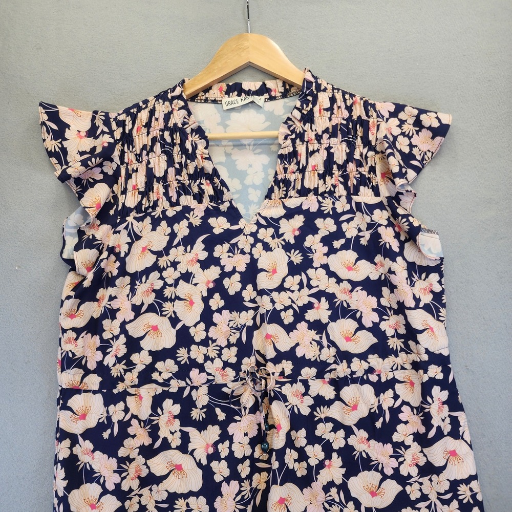 Grace Karin Floral Tiered Midi Dress Navy Blue Peach Flutter Sleeve Smocked‎ Med - Picture 4 of 12